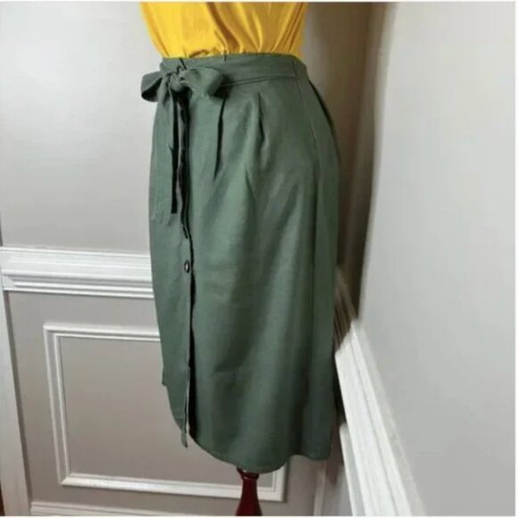 Cali 1850 Women's Olive Button Front Linen Blend Skirt with Attached Belt Size S - Picture 5 of 9